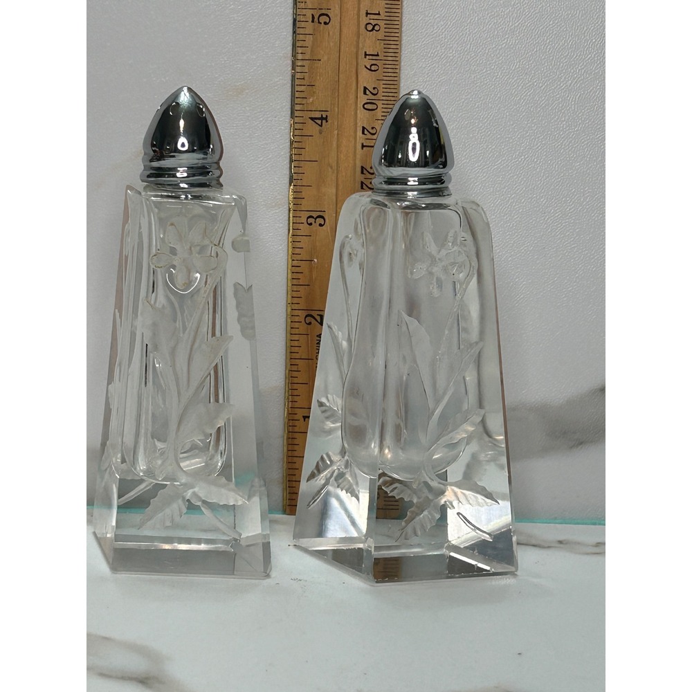 Vintage Etched Crystal Salt and Pepper Shakers Frosted Floral Glass Set Chrome